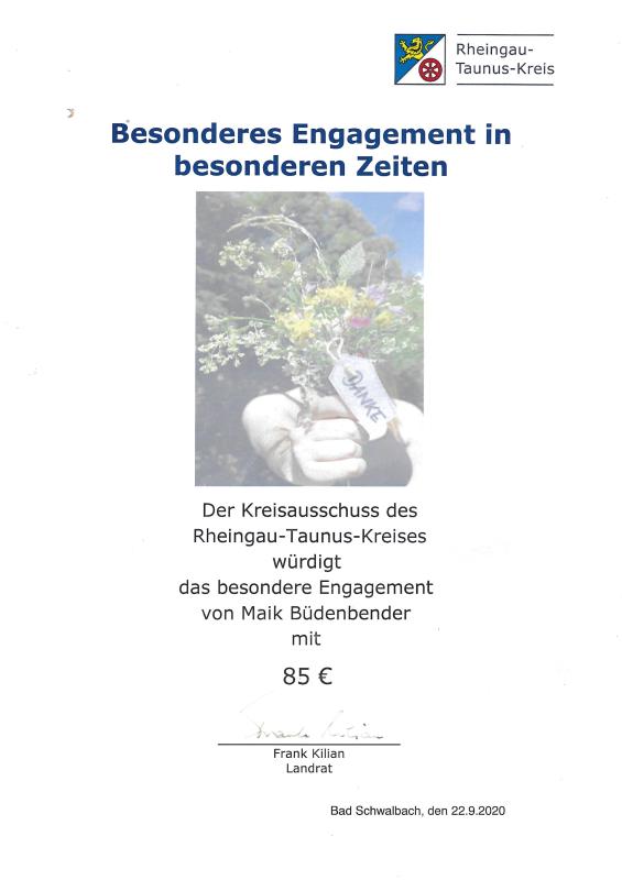 Auszeichnung des Rheingau Taunus Kreises für besonderes Engagement im Jahr 2020